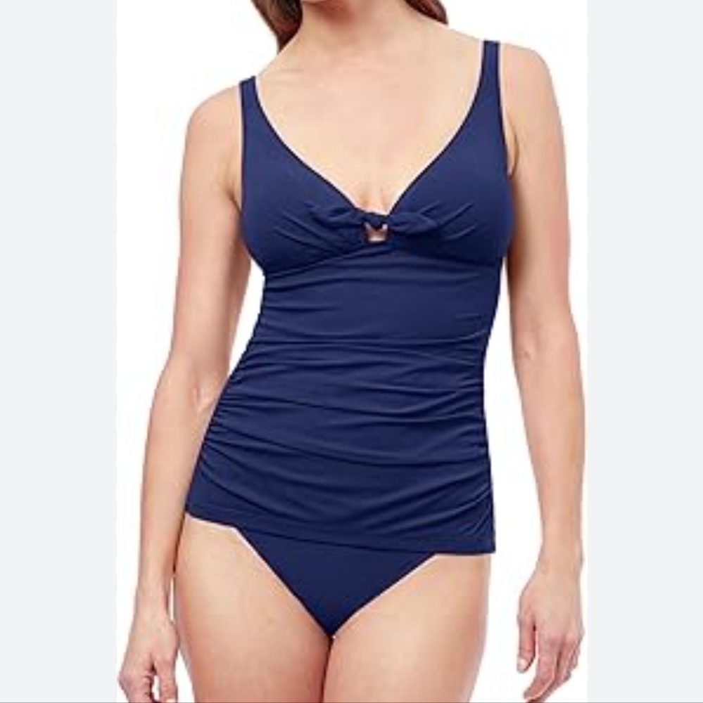 NWT Profile by Gottex Dandy Bow Tie V Neck Women's Navy Tankini Size 32D